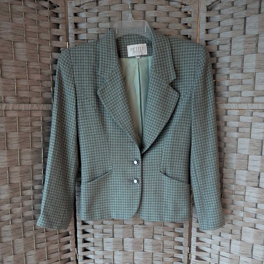 Vtg 90s Blazer Sage Green Houndstooth Wool Blend Sz 2P Preppy Academia Tailored